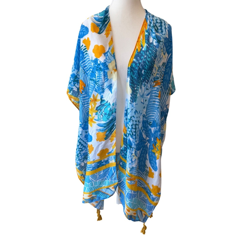 Tropical‎ Floral Kimono Boho Blue Yellow Tassel One Size Beach Cruise Resort